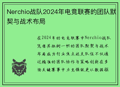 Nerchio战队2024年电竞联赛的团队默契与战术布局