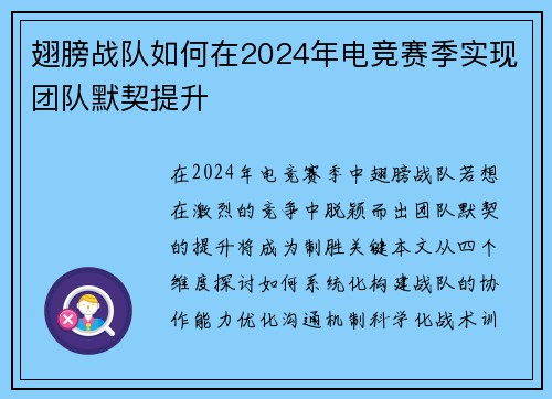 翅膀战队如何在2024年电竞赛季实现团队默契提升