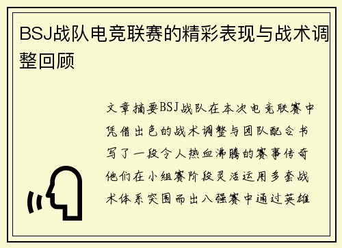BSJ战队电竞联赛的精彩表现与战术调整回顾
